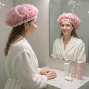 50s Powder Pink mesh shower cap hat satin​ inside laceedge Retro boho HALLOWEEN